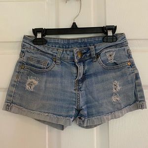 Distressed Light-Wash Low-Rise Denim Shorts